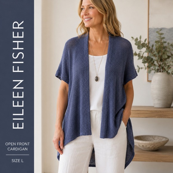 Eileen Fisher Sweaters - Eileen Fisher Cardigan L Purple Open Front Textured Knit High Low Short Sleeve